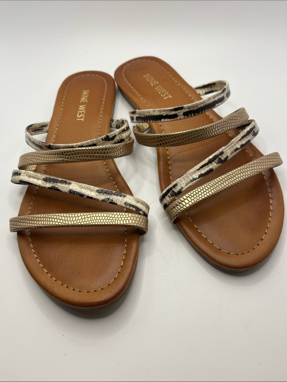 Nine West Tan Slides with Metallic Gold & Snake-Print Straps